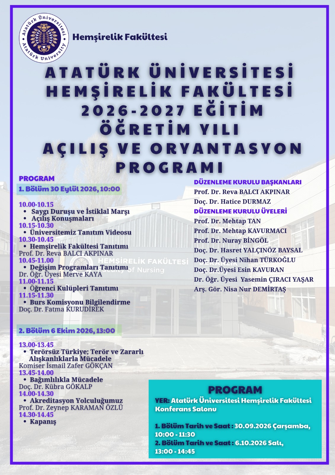 Atatürk Üniversitesi Hemşirelik Fakültesi 2026-2027 Eğitim Öğretim Yılı Açılış ve Oryantasyon Programı