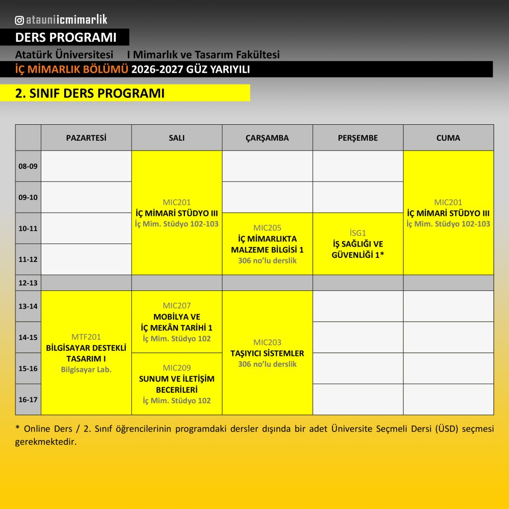 2 sınıf 26-27 güz ders programı