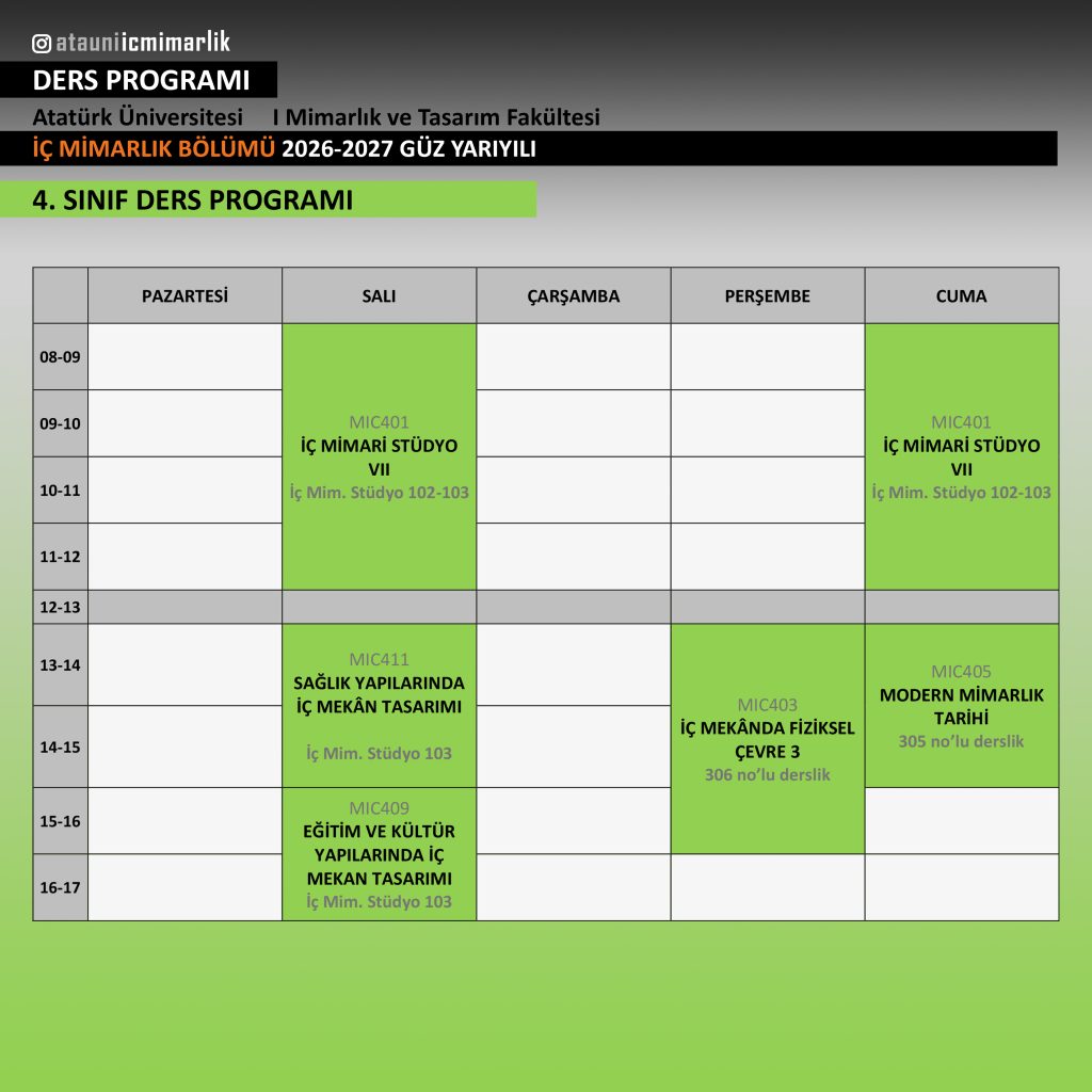 4 sınıf 26-27 güz ders programı