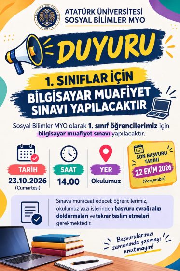 Sosyal Bilimler MYO 1. Sınıf Öğrencileri İçin Bilgisayar Muafiyet Sınavı Duyurusu